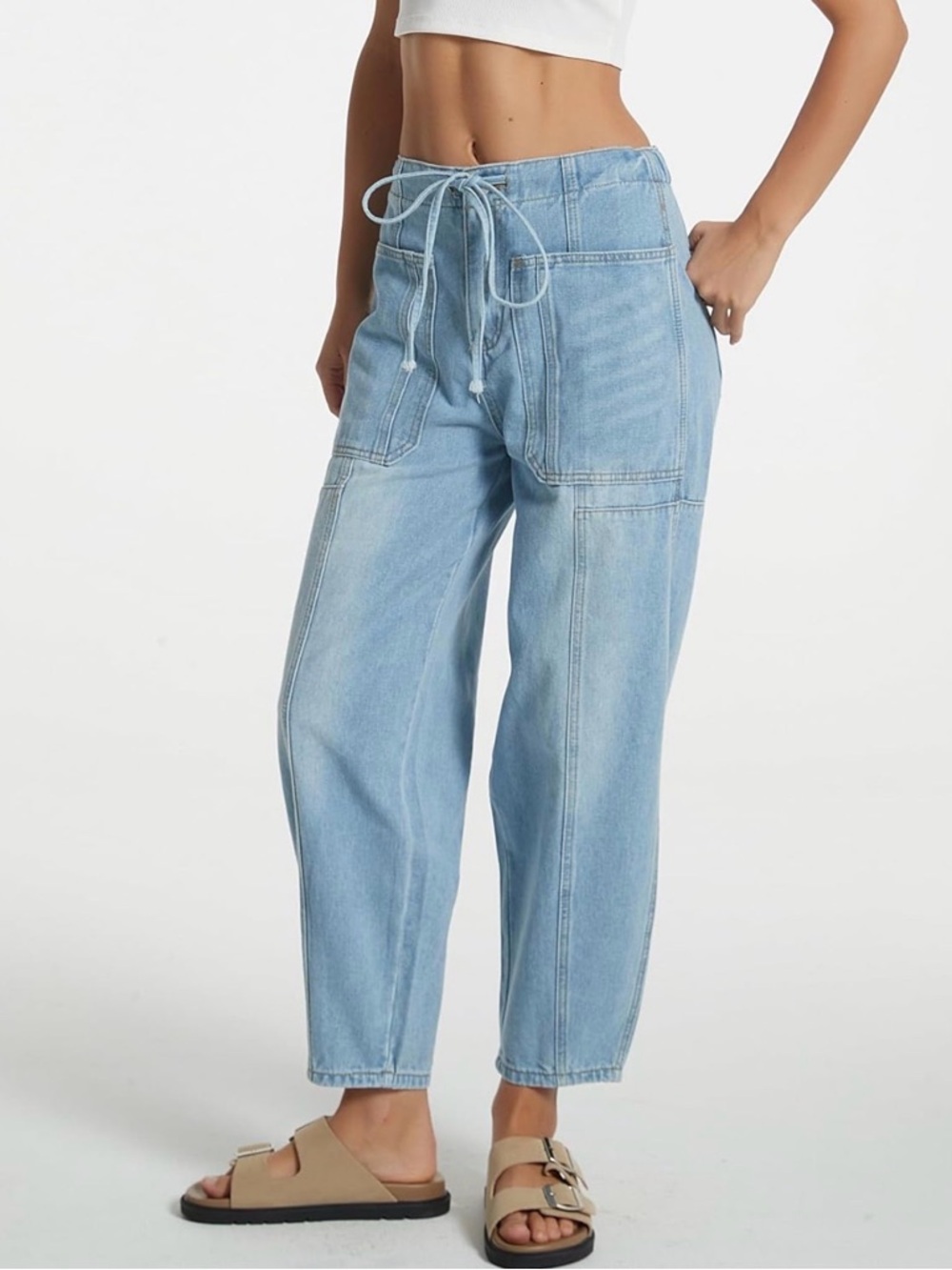Light Blue Drawstring Patch Pocket Women's Jeans